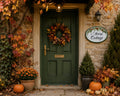 A dark green front door on a stone house entrance, decorated with a fall wreath, pumpkins, orange flowers, autumn leaves, and a hand-painted sign with acorns