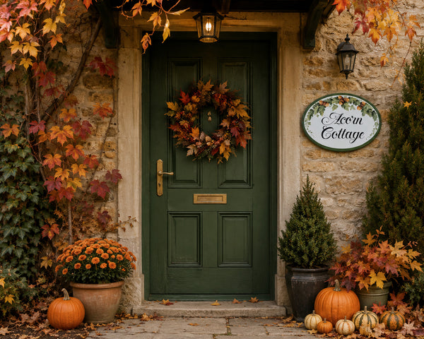 A dark green front door on a stone house entrance, decorated with a fall wreath, pumpkins, orange flowers, autumn leaves, and a hand-painted sign with acorns