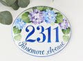 oval ceramic address plaque with blue Hydrangea, hand painted blue house number 