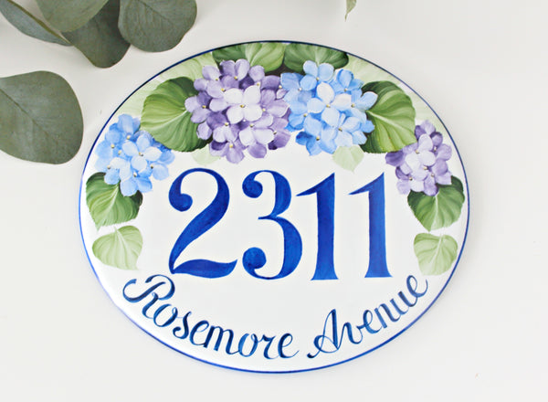 oval ceramic address plaque with blue Hydrangea, hand painted blue house number 