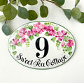 horizontal house number plaque with  name, hand painted with pink sweet pea flower, cottage name sign for outdoor