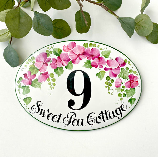 horizontal house number plaque with  name, hand painted with pink sweet pea flower, cottage name sign for outdoor