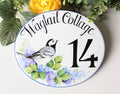 ceramic house number plaque with wagtail bird and lilac flowers, Outdoor House name sign for Cottage