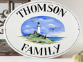 Ceramic house sign for outdoor hand painted with white lighthouse on the hill, view ocean and seagulls