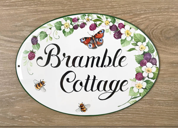 Outdoor house sign for cottage hand painted with brambles, white flowers, bees and butterfly, Front door decor