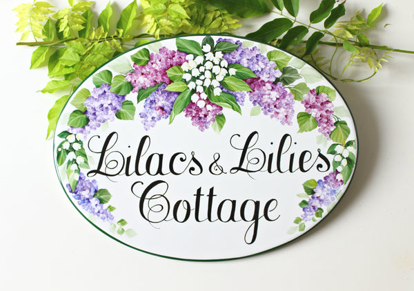 ceramic outdoor house name sign hand painted with Lilacs and Lilies of the valley, Cottage sign