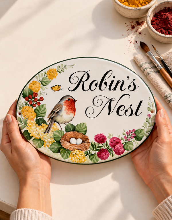A person holds an oval ceramic plaque featuring a robin bird, flowers, and the text 'Robin's Nest' in black script. 