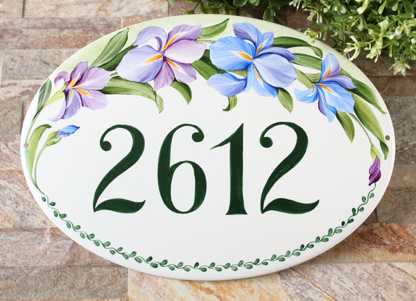 house number sign hand painted with blue and purple irises, Oval ceramic address plaque for outdoor