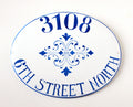 oval ceramic address plaque with blue decoration