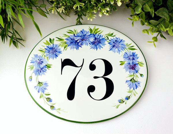 ceramic house number plaque hand painted with blue cornflowers, address sign for outdoor