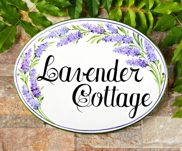 Ceramic house sign for outdoor hand painted with lavender, welcome sign for front door