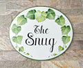 family name sign hand painted on porcelain plaque with Ivy, outdoor house plaque