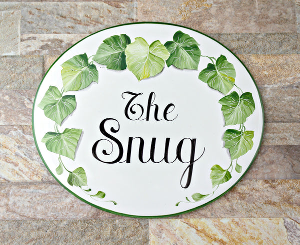 family name sign hand painted on porcelain plaque with Ivy, outdoor house plaque