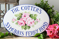 Oval family name sign for outdoor hand painted with pink roses, personalized address plaque