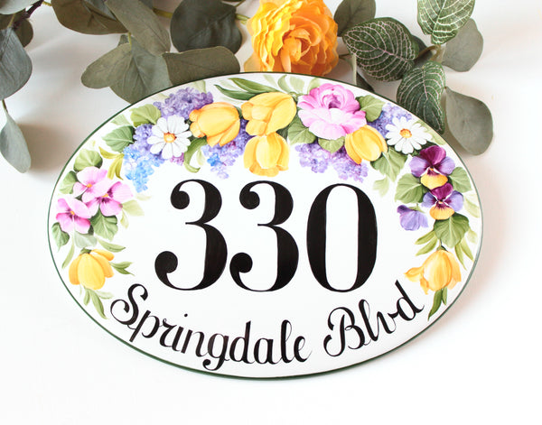 Horizontal Ceramic House Number sign with yellow tulips, Lilacs, pink roses, white daisies and pansies. Address plaque for home