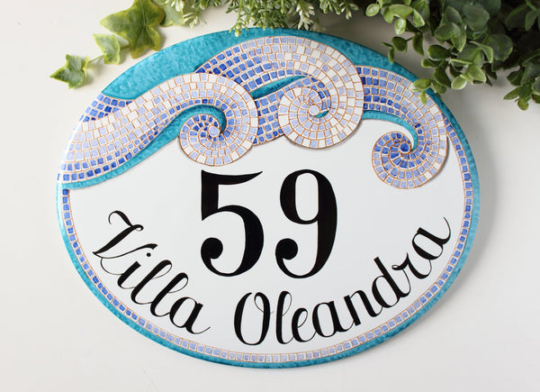 Ceramic House number plaque, hand painted with teal waves in mosaic style, House name sign