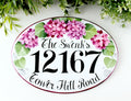 Ceramic house number sign hand painted with pink Hydrangea and family name, outdoor address plaque