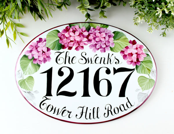 Ceramic house number sign hand painted with pink Hydrangea and family name, outdoor address plaque