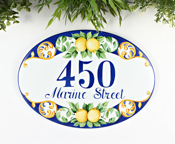 Address plaque hand painted with lemons in Positano style, Blue house number, driveway sign