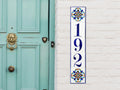 vertical house number with hand painted tiles, blue and yellow design