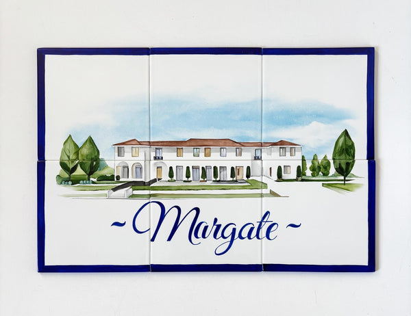 Custom House portrait hand-painted on a composition of 6 ceramic tiles and framed with a blue border, personalized with name