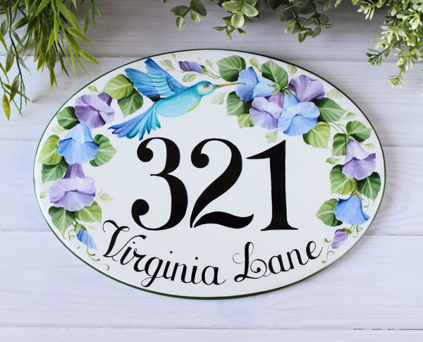 House number Plaque hand painted with blue Hummingbird and flowers, Outdoor house sign