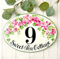 Ceramic house number plaque, Custom cottage sign, Pink flowers