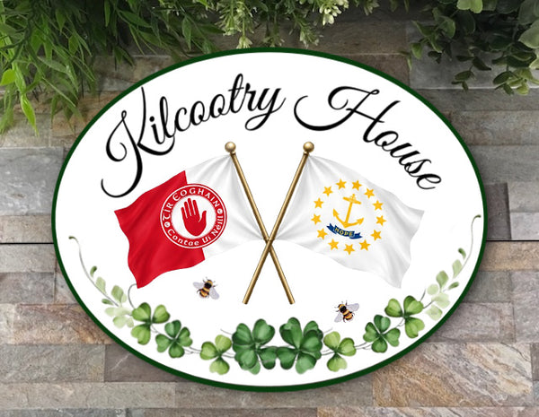 Custom House Sign hand Painted with Flags, Shamrock and Bees