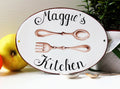 Personalized ceramic kitchen sign with hand painted vintage spoon and fork, customizable with name or text , rustic farmhouse style
