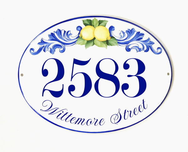 ceramic address plaque hand-painted with yellow lemons and blue accent