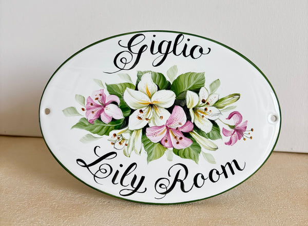 Oval ceramic door sign for room hand-painted with white and pink lily flowers