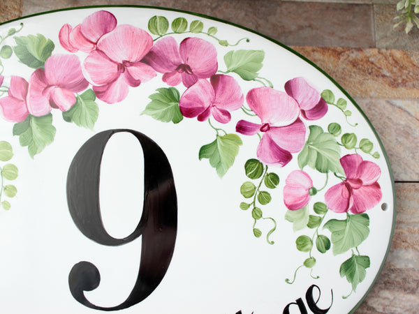 Ceramic house number plaque, Custom cottage sign, Pink flowers