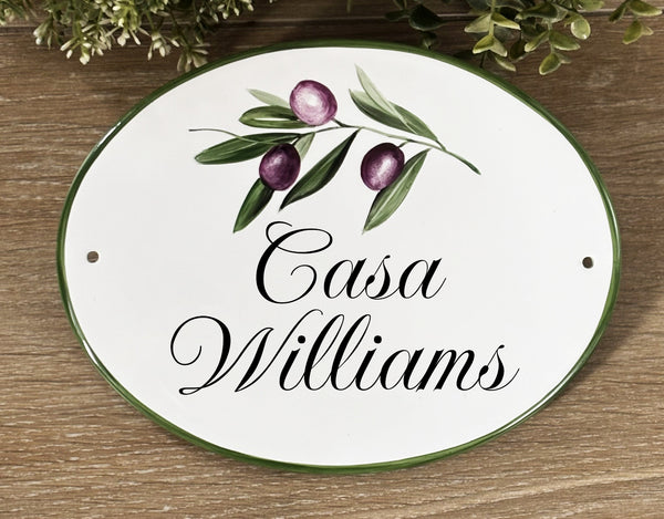 custom house sign hand painted with an olive branch, personalized with family name, outdoor wall decor