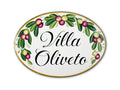 Ceramic house plaque oval shaped hand-painted with olives branches and green leave in Mediterranean style