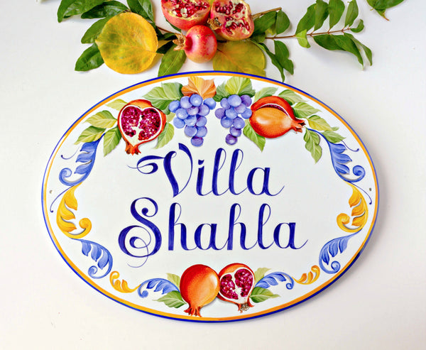 Name sign for outdoor with name house, hand painted with pomegranate and grapes, front door sign