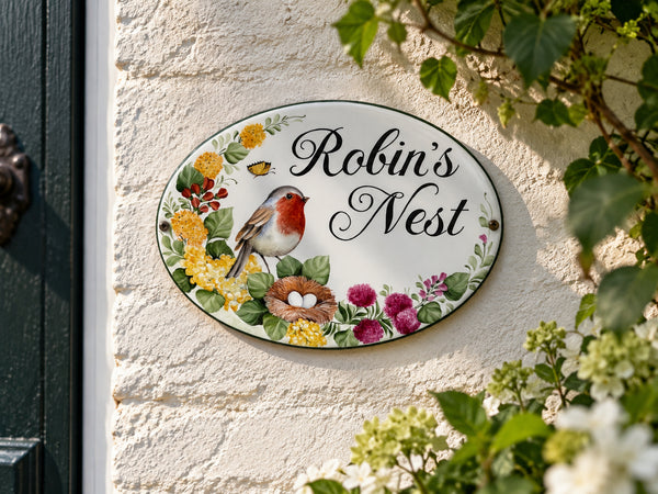 An oval decorative wall sign reading “Robin’s Nest” hangs on a textured cream wall. The sign is hand painted with a robin bird, a nest with white eggs, yellow and pink flowers, green leaves, and a small butterfly.
