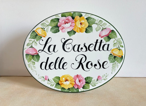 Oval ceramic house name sign hand-painted with pink and yellow roses