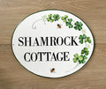 Outdoor House sign for Cottage, personalized with name and hand painted with shamrock and bees, Ceramic plaque