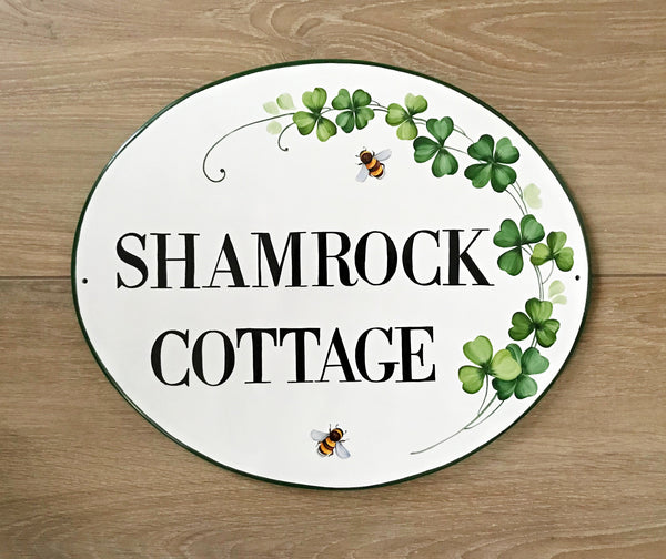 Outdoor House sign for Cottage, personalized with name and hand painted with shamrock and bees, Ceramic plaque