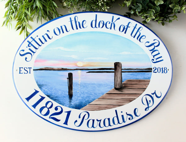 Beach Hous number plaque hand painted with a sunset on the bay and a dock, outdoor beach decor