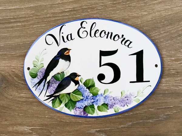 Ceramic House number plaque hand-painted with swallows and lilac flowers