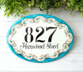 Ceramic house number sign hand painted with teal mosaic design