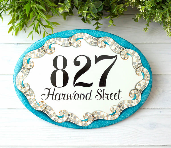 Ceramic house number sign hand painted with teal mosaic design