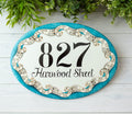 Ceramic Address plaque hand painted with turquoise waves in mosaic style, House number for beach cottage