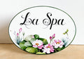oval ceramic House sign hand-painted with pink water lily flowers personalized with custom name