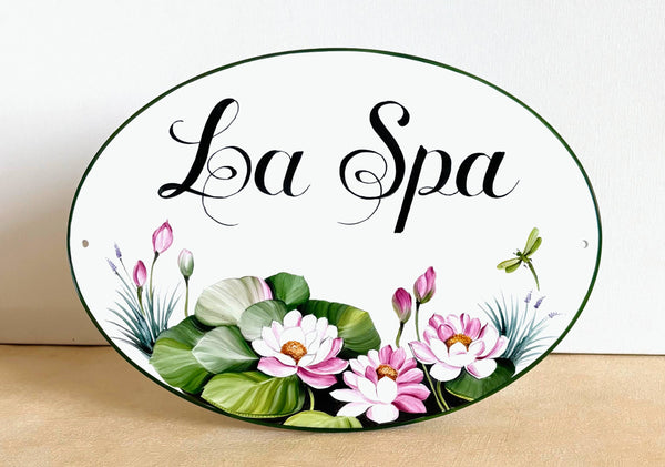 oval ceramic House sign hand-painted with pink water lily flowers personalized with custom name