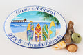 ceramic house sign personalized with colored surfboards and an ocean view. Beach decor for front door