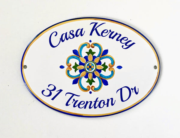 ceramic oval address plaque hand-painted in Mediterranean style