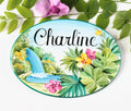 door name sign for baby girl, tropical scene with flowers and palm leaves