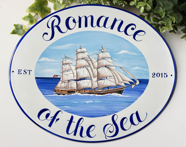 ceramic house name sign with sailing ship